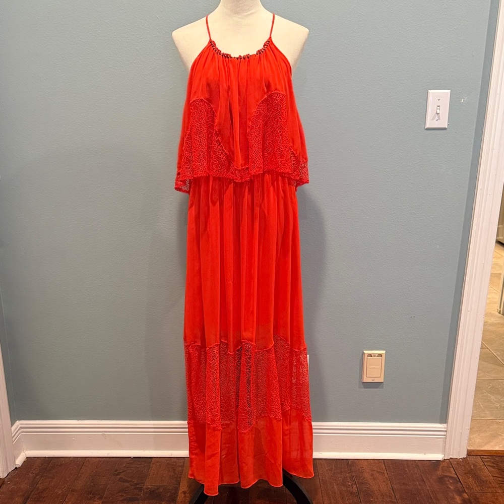 Bisou Bisou Tangerine Maxi Dress with Lace Detail Size 4 NEW